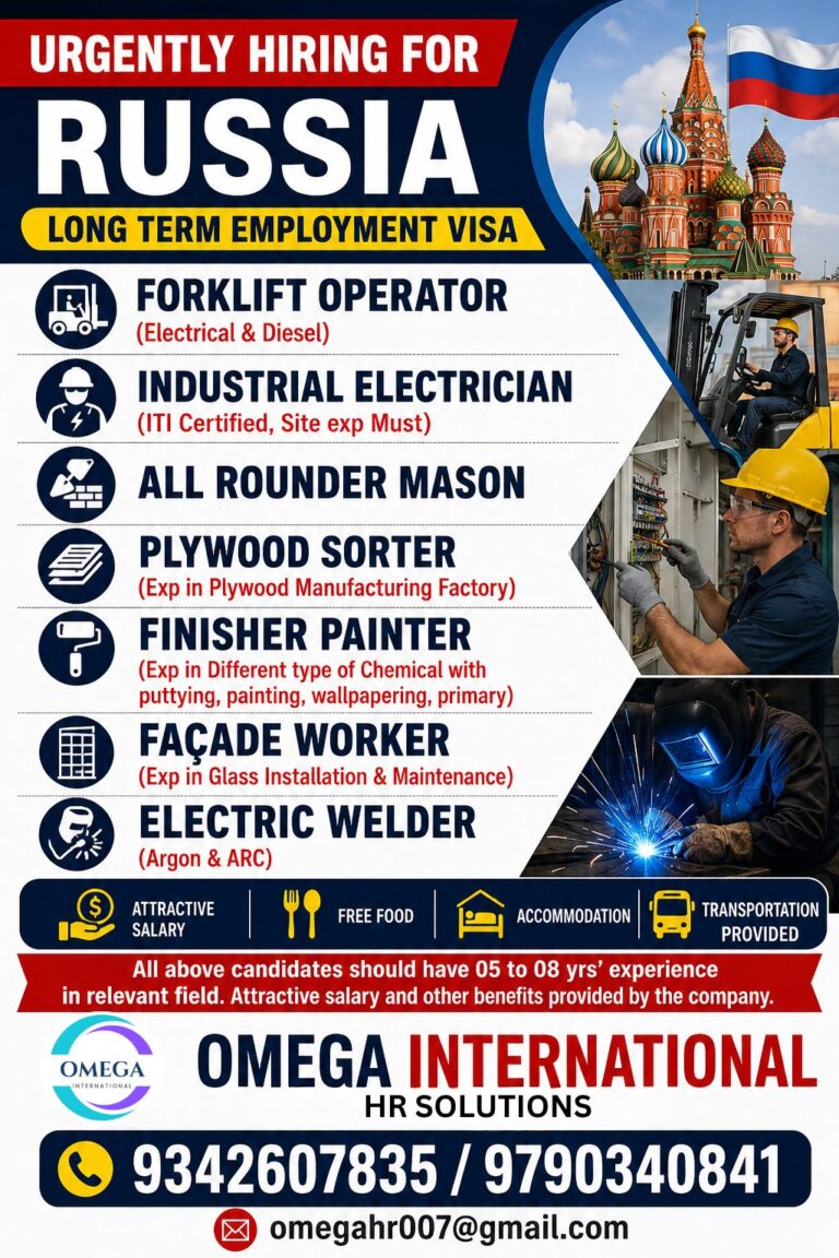 Russia Long-Term Employment Visa Jobs 2026 – Forklift Operators, Electricians, Masons & More
