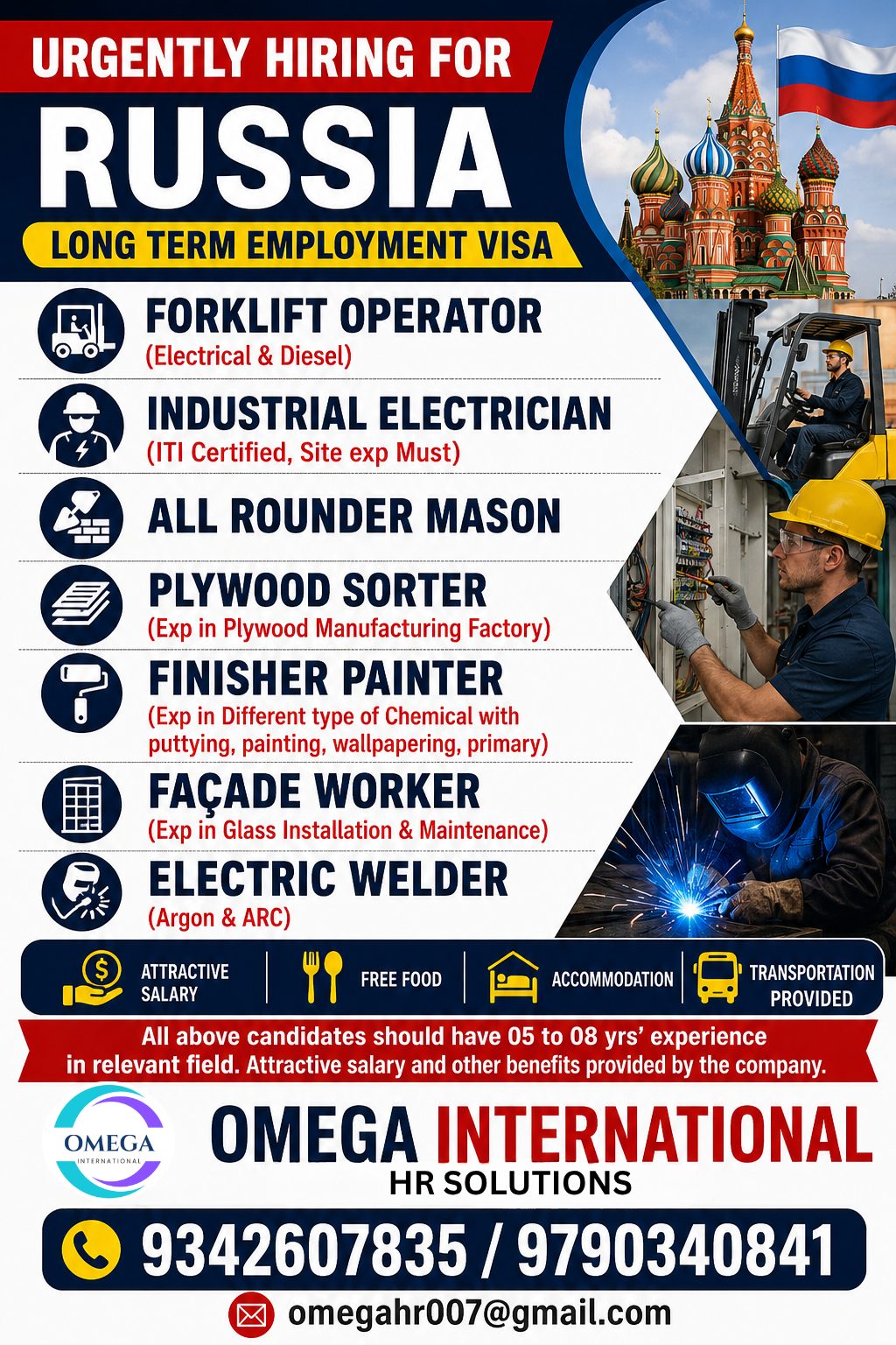 Russia Long-Term Employment Visa Jobs 2026 – Forklift Operators, Electricians, Masons & More