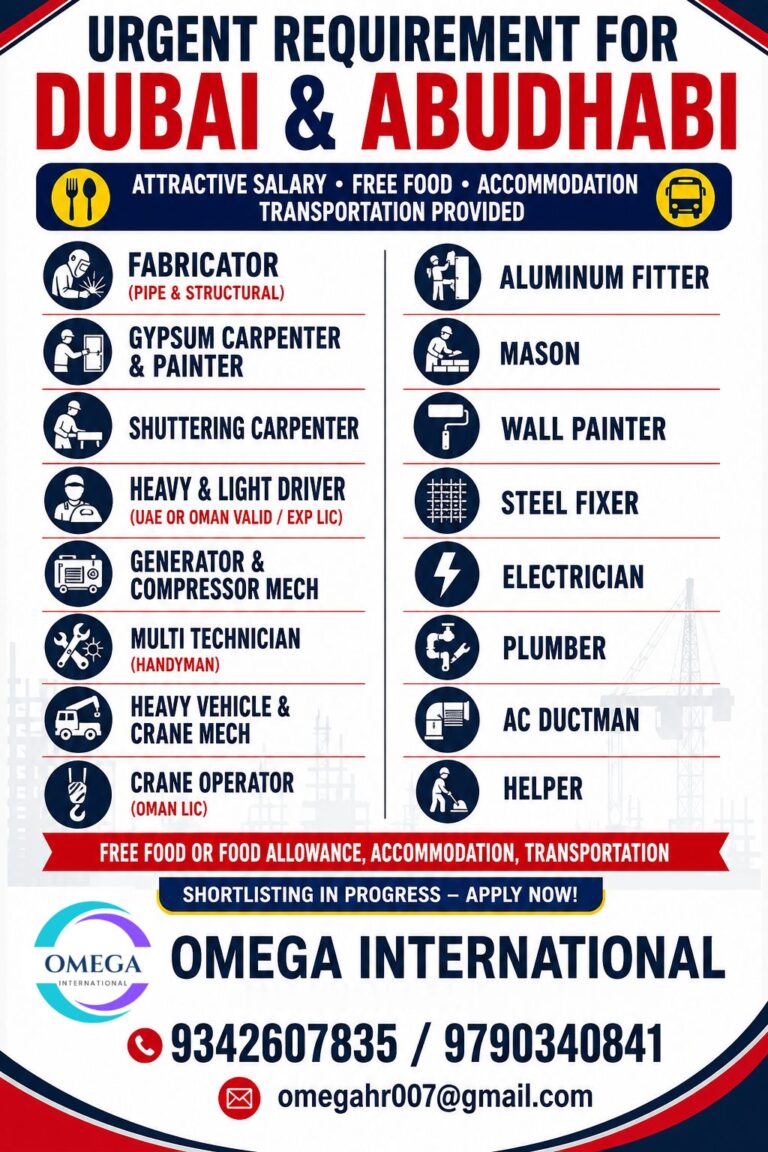 Urgent Recruitment for Dubai & Abu Dhabi – Multiple Construction & Technical Job Vacancies 2026