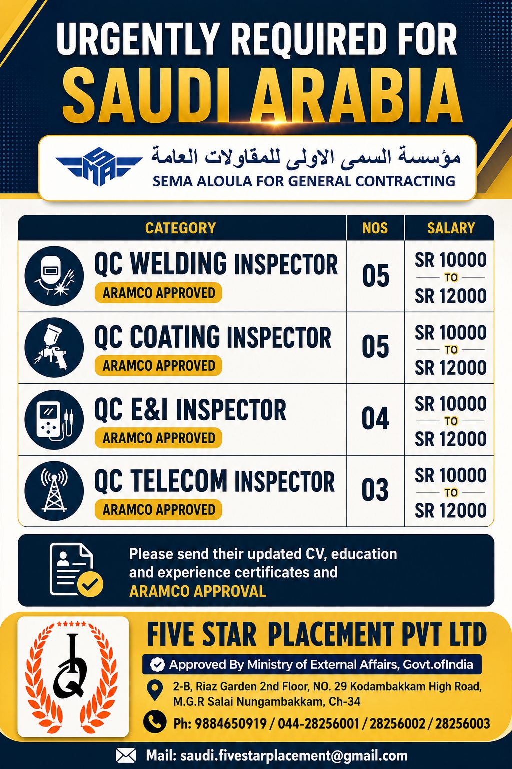 Saudi Arabia Jobs 2026 | SEMA Aloula for General Contracting – Aramco Approved QC Inspector Vacancies