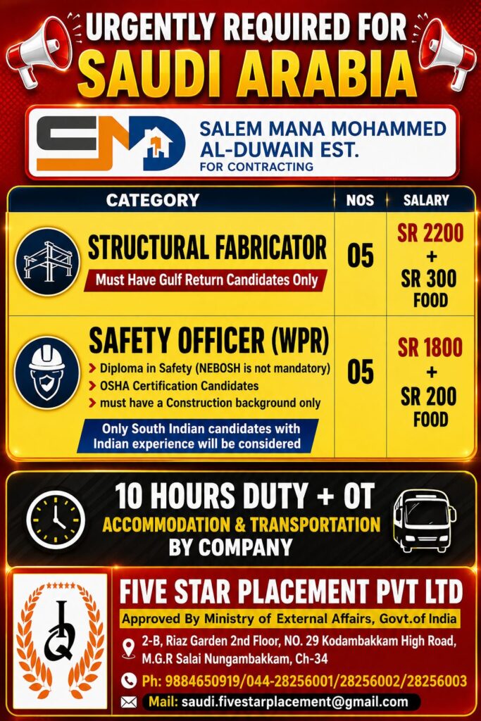 Structural Fabricator & Safety Officer Jobs in Saudi Arabia 2026 | Salem Mana Mohammed Al-Duwain Est. | Apply Now 1 Structural Fabricator & Safety Officer Jobs in Saudi Arabia 2026 | Salem Mana Mohammed Al-Duwain Est. | Apply Now