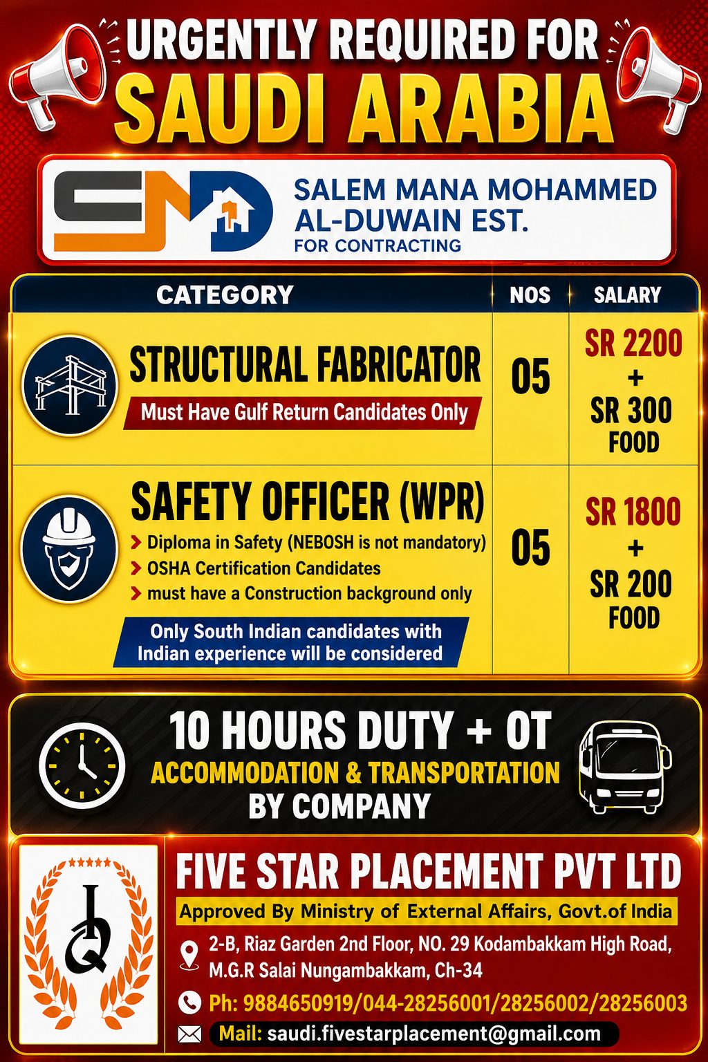 Structural Fabricator & Safety Officer Jobs in Saudi Arabia 2026 | Salem Mana Mohammed Al-Duwain Est. | Apply Now