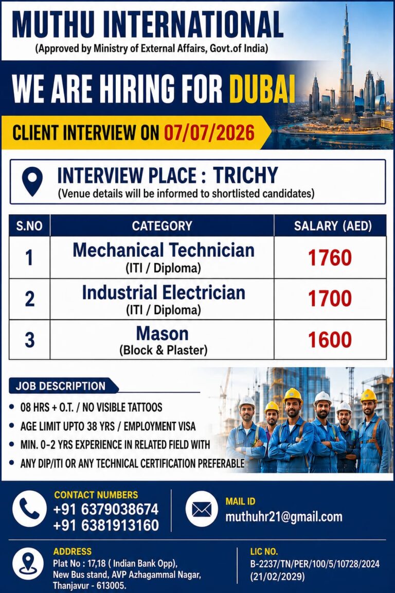 Dubai Job Vacancies 2026 – Mechanical Technician, Industrial Electrician & Mason Jobs | Client Interview on 07 July