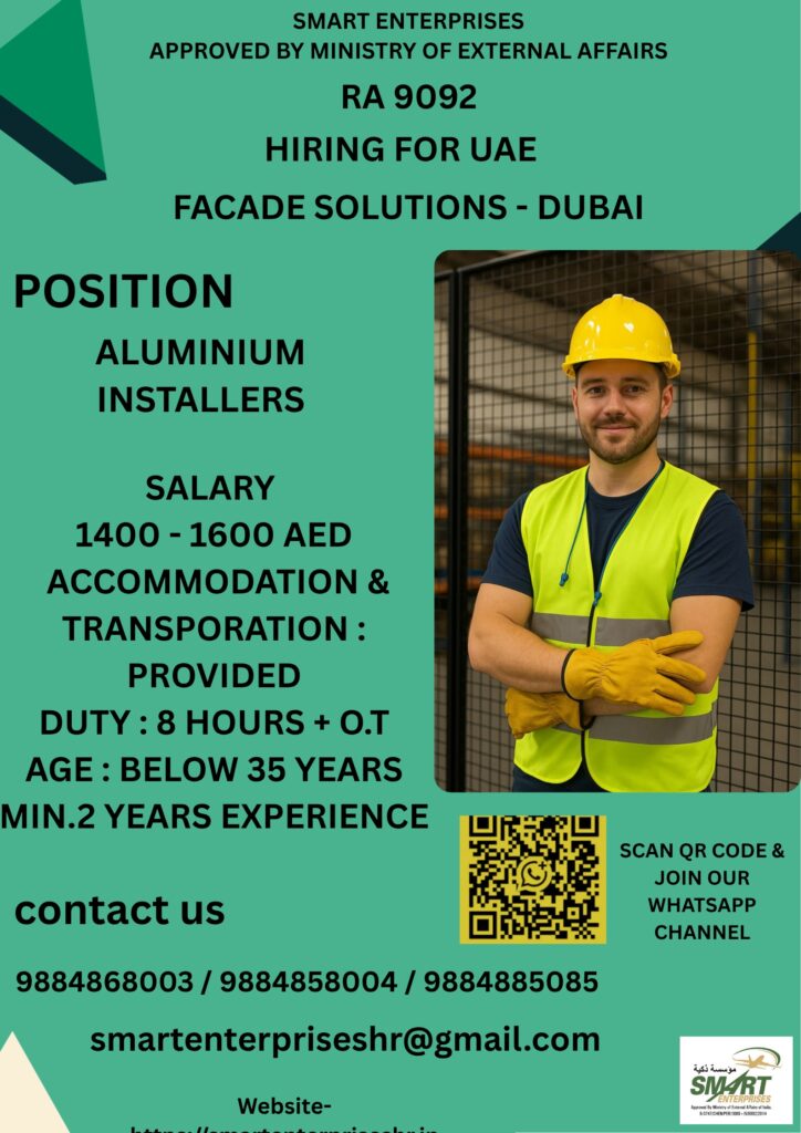 Aluminium Installers Jobs in Dubai, UAE – Free Accommodation & Transportation | Apply Now