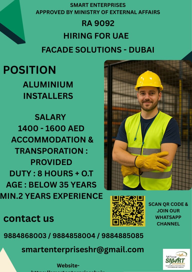 Aluminium Installers Jobs in Dubai, UAE – Free Accommodation & Transportation | Apply Now