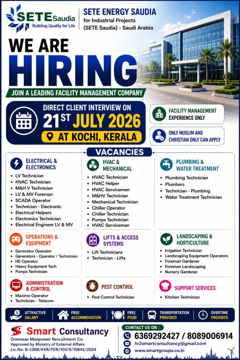 SETE Energy Saudi Arabia Recruitment 2026 – Direct Client Interview in Kochi | Free Food & Accommodation