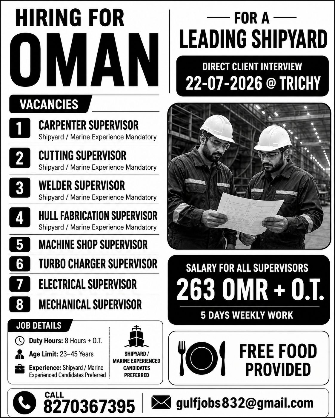 Oman Leading Shipyard Recruitment 2026 – Direct Client Interview at Trichy | Supervisor Vacancies