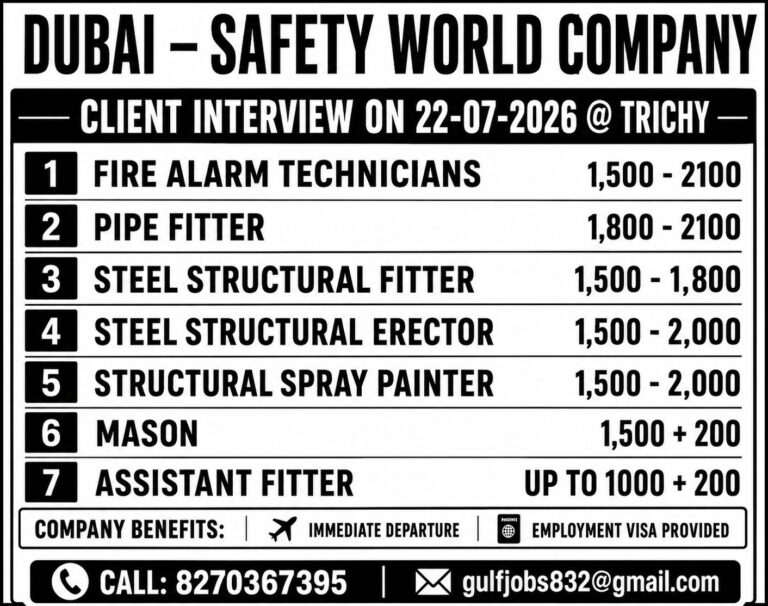 Dubai Safety World Company Jobs in Dubai 2026 | Client Interview on 22 July at Trichy
