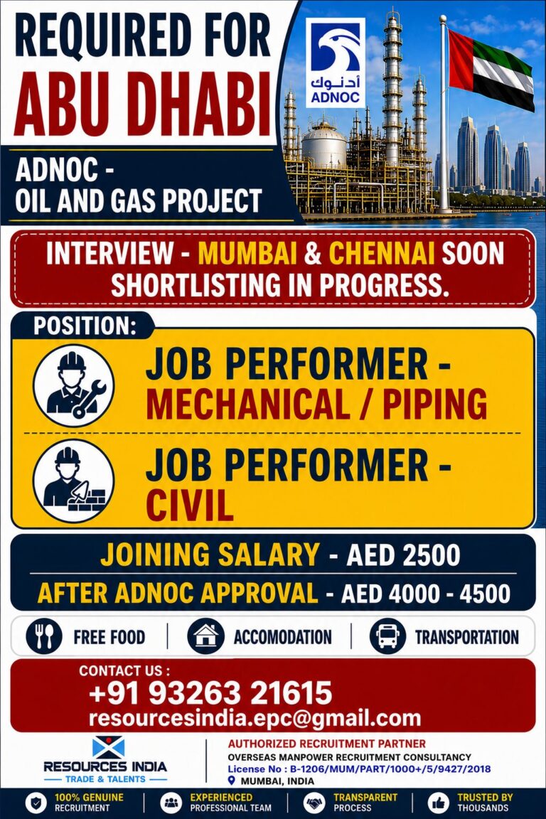 ADNOC Oil & Gas Project Jobs in Abu Dhabi 2026 | Job Performer Mechanical/Piping & Civil Vacancies