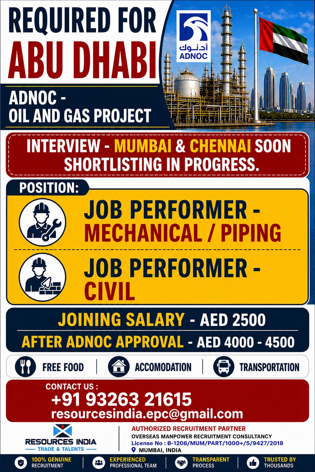 ADNOC Oil & Gas Project Jobs in Abu Dhabi 2026 | Job Performer Mechanical/Piping & Civil Vacancies