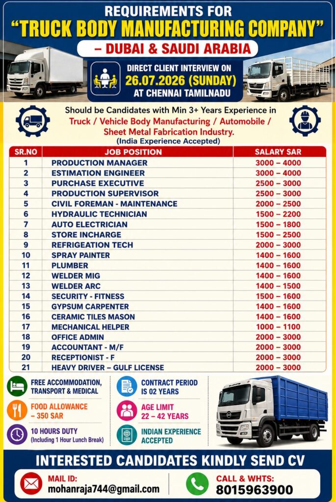 Truck Body Manufacturing Company Jobs in Dubai & Saudi Arabia 2026 – Direct Client Interview 1 Truck Body Manufacturing Company Jobs in Dubai & Saudi Arabia 2026 – Direct Client Interview