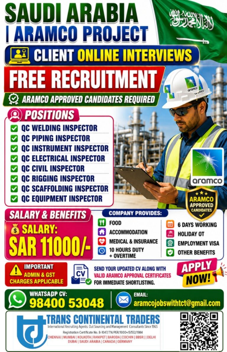 Saudi Arabia Aramco Project Jobs 2026 – Free Recruitment | Client Online Interviews | Salary Up to SAR 11,000