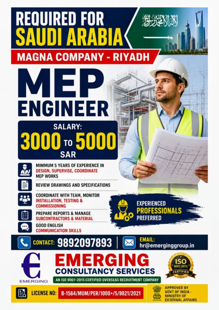 MEP Engineer Jobs in Saudi Arabia 2026 – Magna Company Riyadh | Salary Up to 5,000 SAR