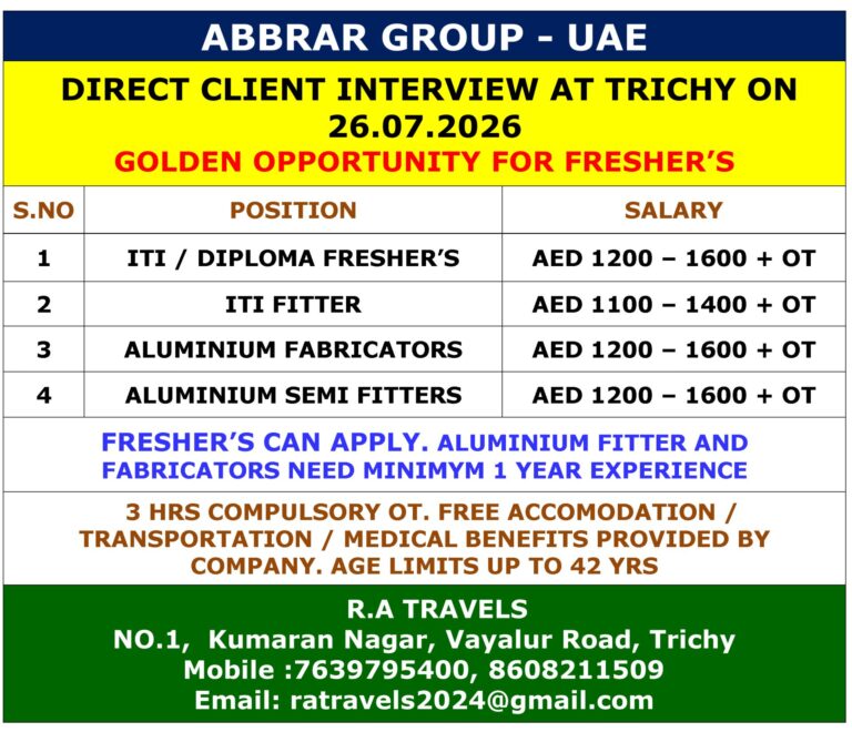ABBRAR Group UAE Jobs 2026 – Direct Client Interview at Trichy | Freshers & ITI Candidates