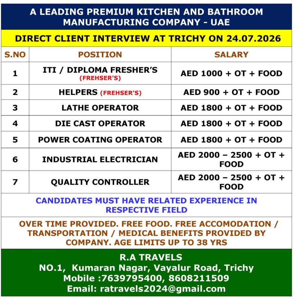 UAE Kitchen & Bathroom Manufacturing Company Jobs 2026 | Direct Client Interview at Trichy | Freshers & Experienced 1 UAE Kitchen & Bathroom Manufacturing Company Jobs 2026 | Direct Client Interview at Trichy | Freshers & Experienced