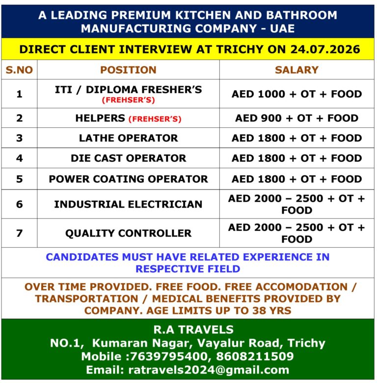 UAE Kitchen & Bathroom Manufacturing Company Jobs 2026 | Direct Client Interview at Trichy | Freshers & Experienced