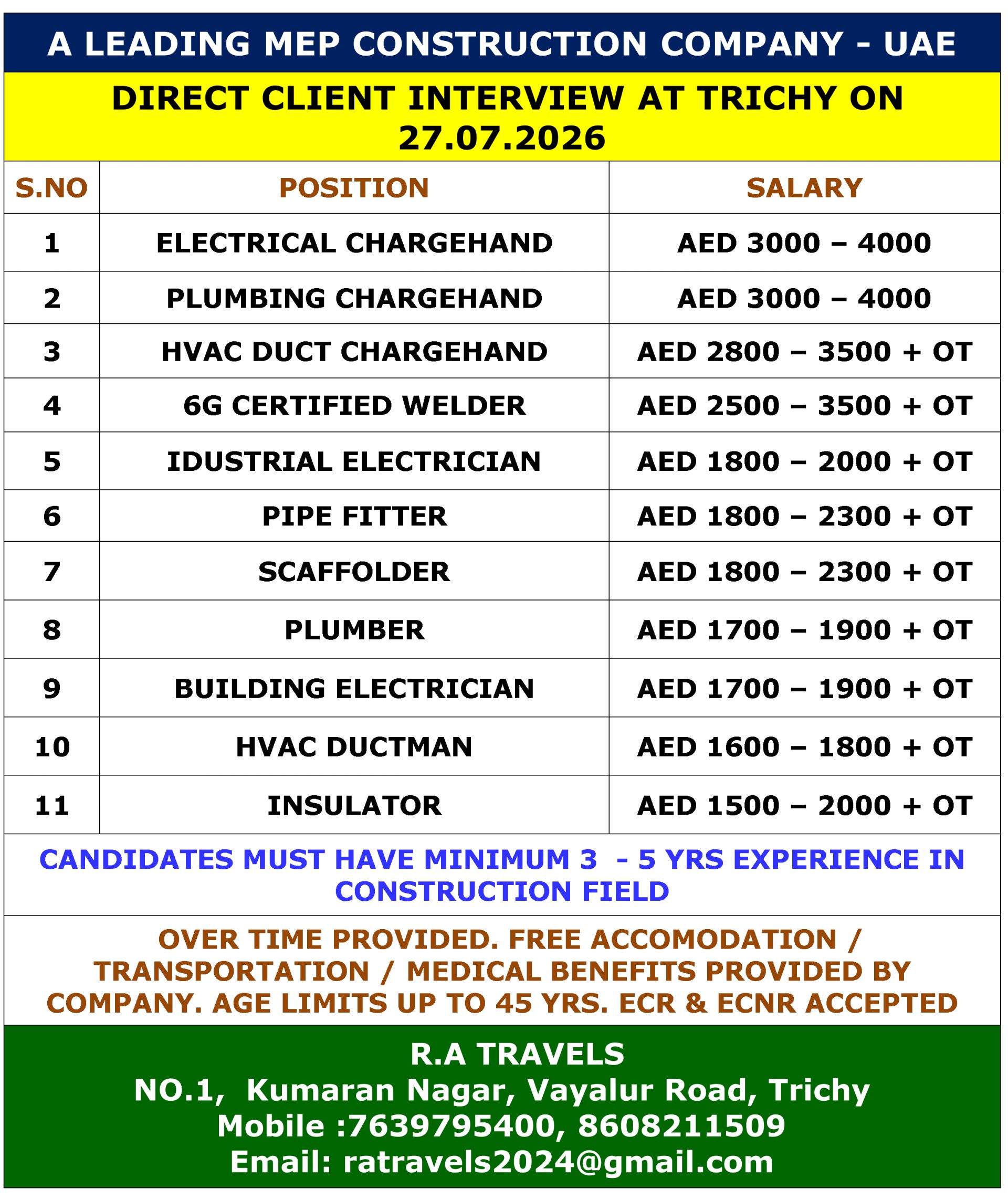 UAE MEP Construction Company Jobs 2026 | Direct Client Interview at Trichy | Apply Now