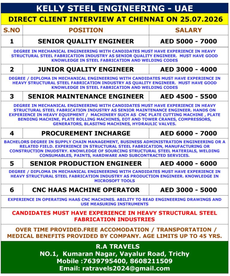 Kelly Steel Engineering UAE Jobs 2026 | Direct Client Interview in Chennai | Apply Now