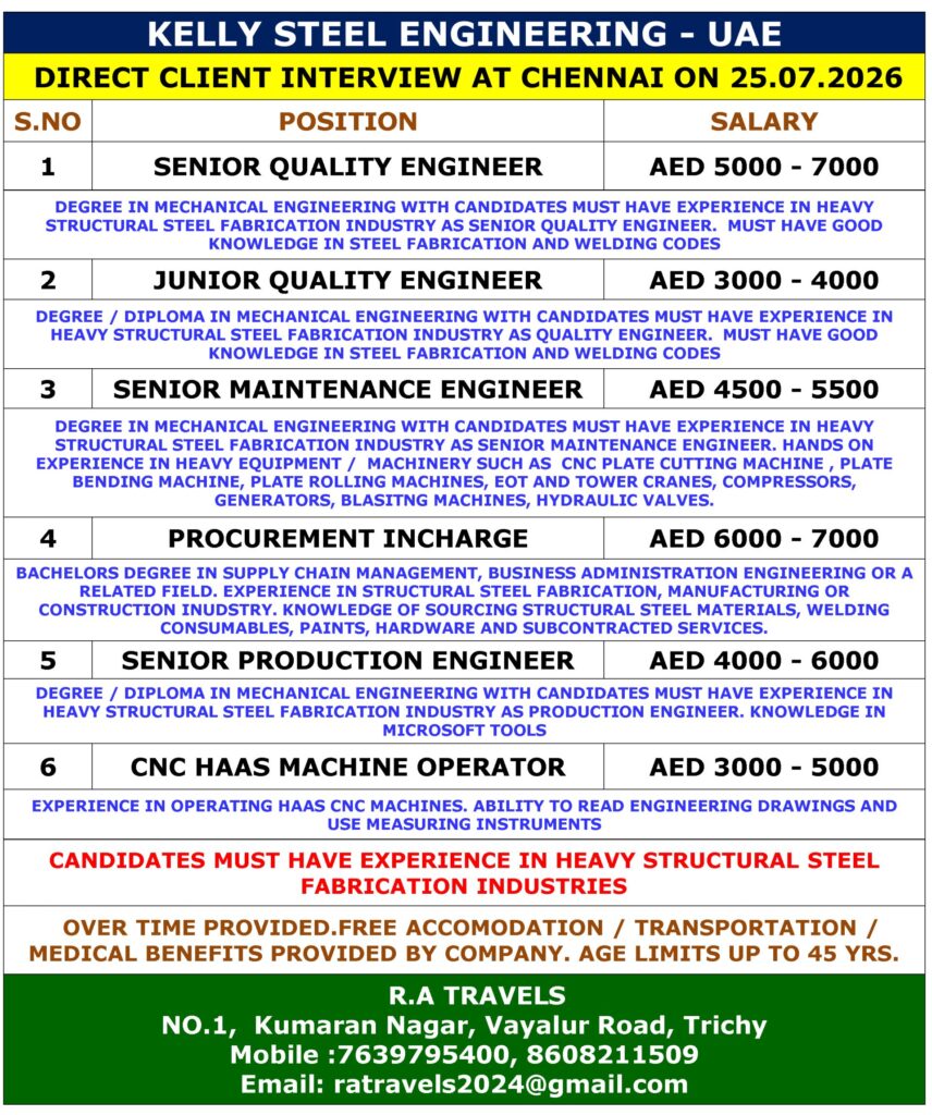 Kelly Steel Engineering UAE Jobs 2026 | Direct Client Interview in Chennai | Apply Now 1 Kelly Steel Engineering UAE Jobs 2026 | Direct Client Interview in Chennai | Apply Now