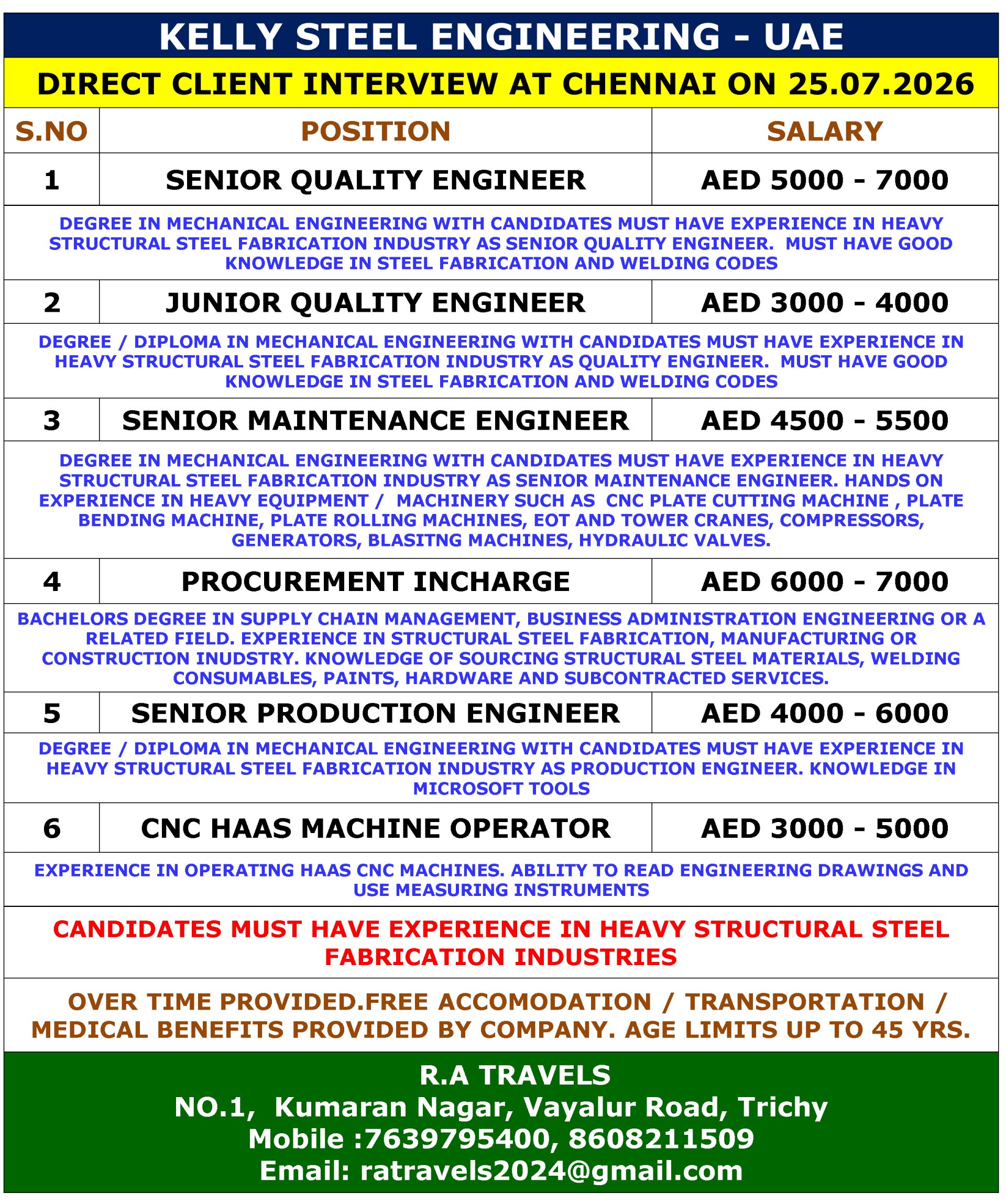 Kelly Steel Engineering UAE Jobs 2026 | Direct Client Interview in Chennai | Apply Now