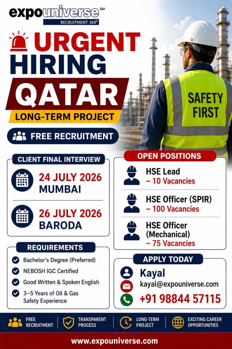 Qatar Oil & Gas Safety Jobs 2026 – Free Recruitment | Client Interview in Mumbai & Baroda