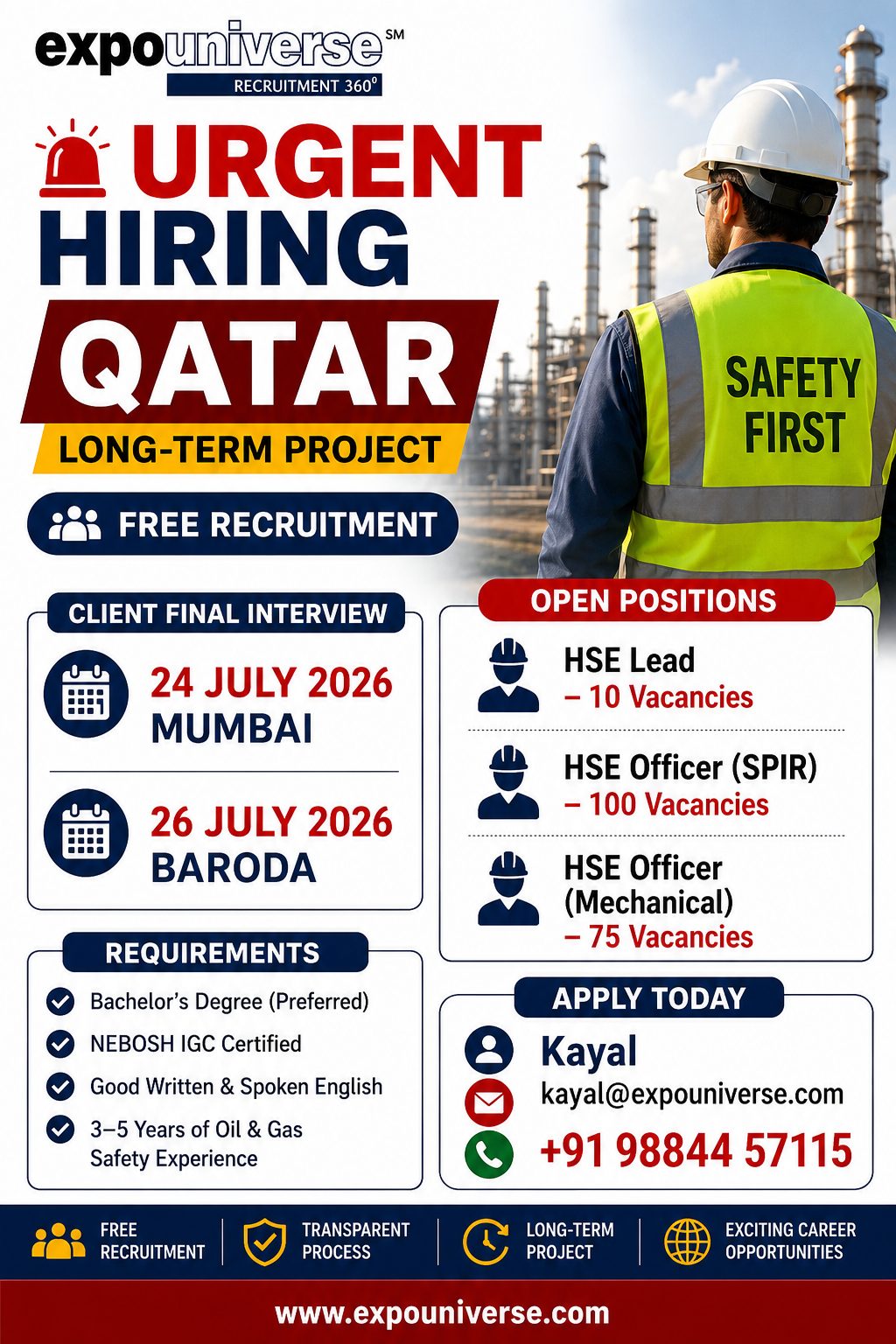 Qatar Oil & Gas Safety Jobs 2026 – Free Recruitment | Client Interview in Mumbai & Baroda