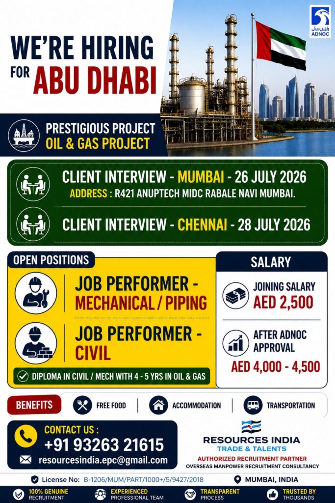 Abu Dhabi Oil & Gas Project Jobs 2026 – Client Interview in Mumbai & Chennai | Apply Now