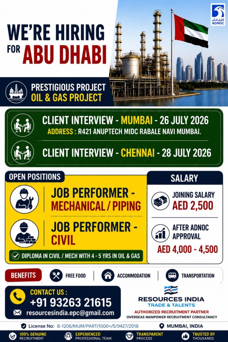 Abu Dhabi Oil & Gas Project Jobs 2026 – Client Interview in Mumbai & Chennai | Apply Now