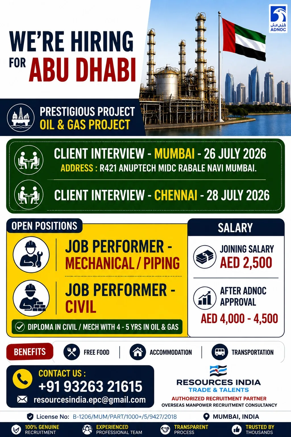 Abu Dhabi Oil & Gas Project Jobs 2026 – Client Interview in Mumbai & Chennai | Apply Now