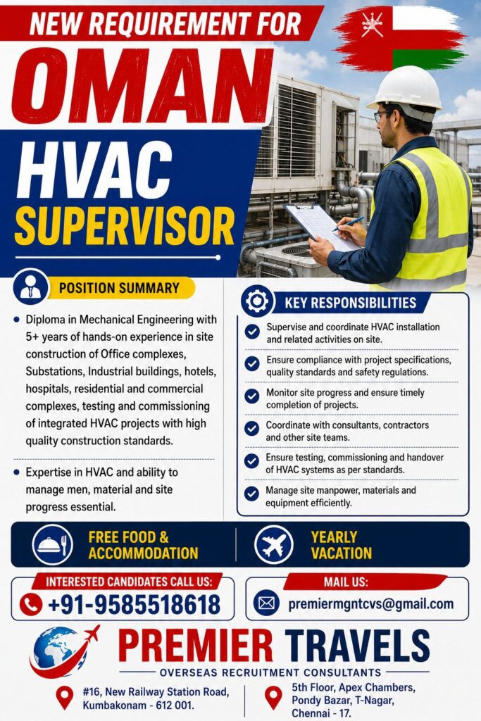 HVAC Supervisor Jobs in Oman 2026 | Free Food & Accommodation | Apply Now