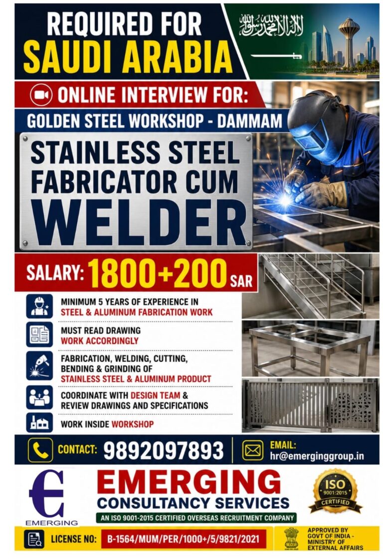 Stainless Steel Fabricator Cum Welder Jobs in Saudi Arabia – Online Interview | Golden Steel Workshop, Dammam