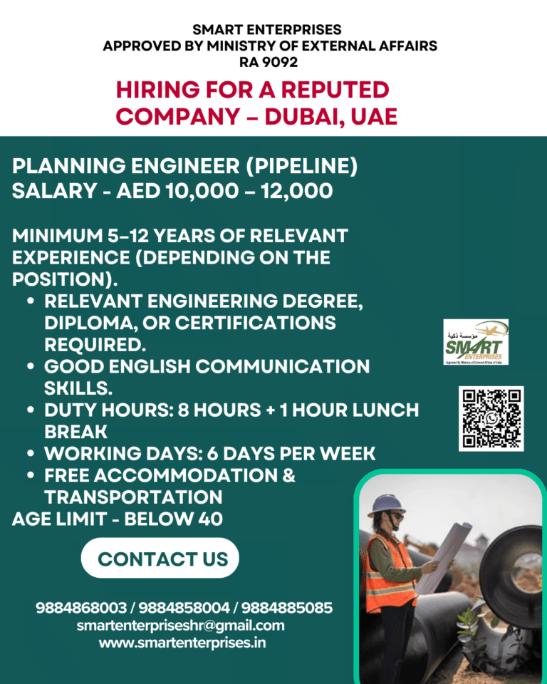 Planning Engineer (Pipeline) Jobs in Dubai, UAE – Salary AED 10,000–12,000