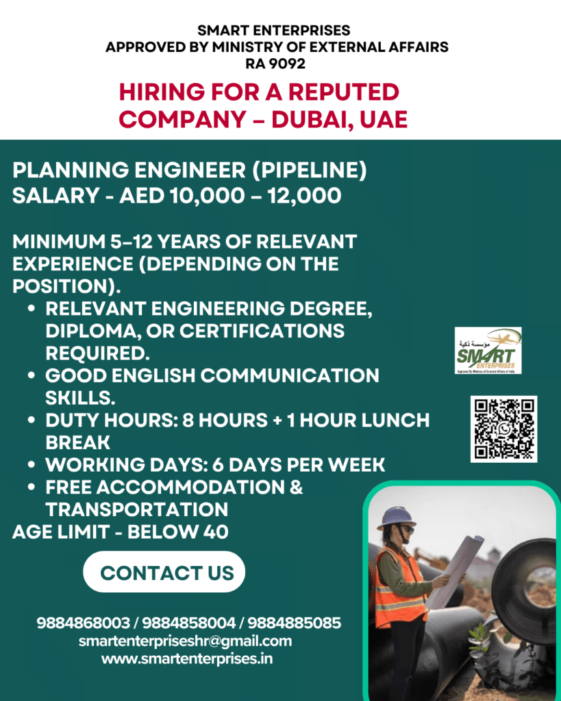 Planning Engineer (Pipeline) Jobs in Dubai, UAE – Salary AED 10,000–12,000