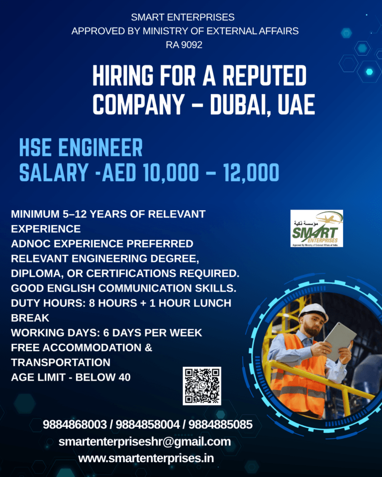 HSE Engineer Jobs in Dubai, UAE – Salary AED 10,000–12,000 | Apply Now