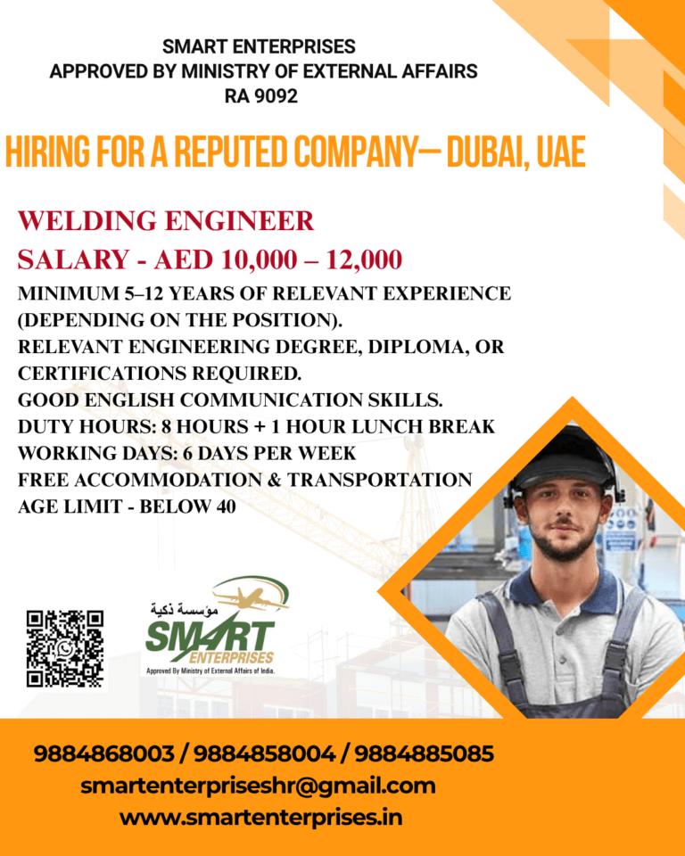 Welding Engineer Jobs in Dubai, UAE | Salary AED 10,000–12,000 | Apply Now