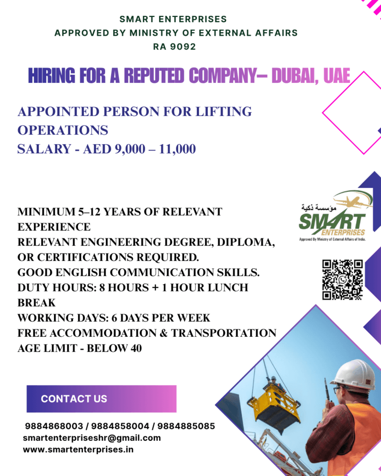 Appointed Person for Lifting Operations Jobs in Dubai, UAE – Salary AED 9,000–11,000