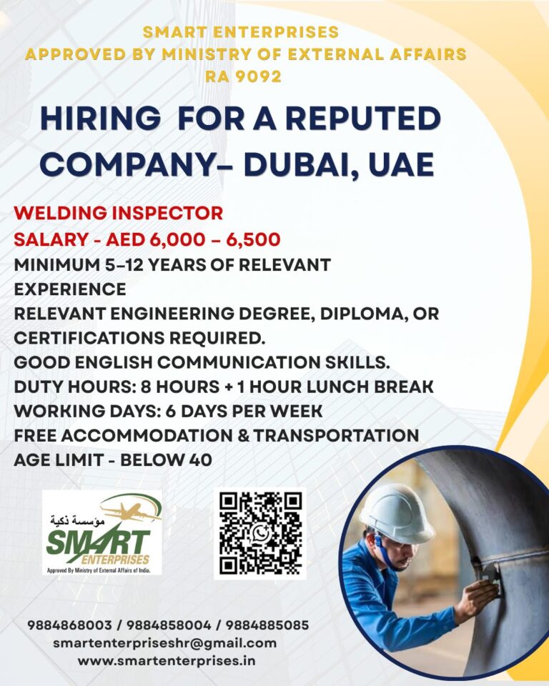 Welding Inspector Jobs in Dubai UAE – Salary AED 6,000–6,500 | Smart Enterprises