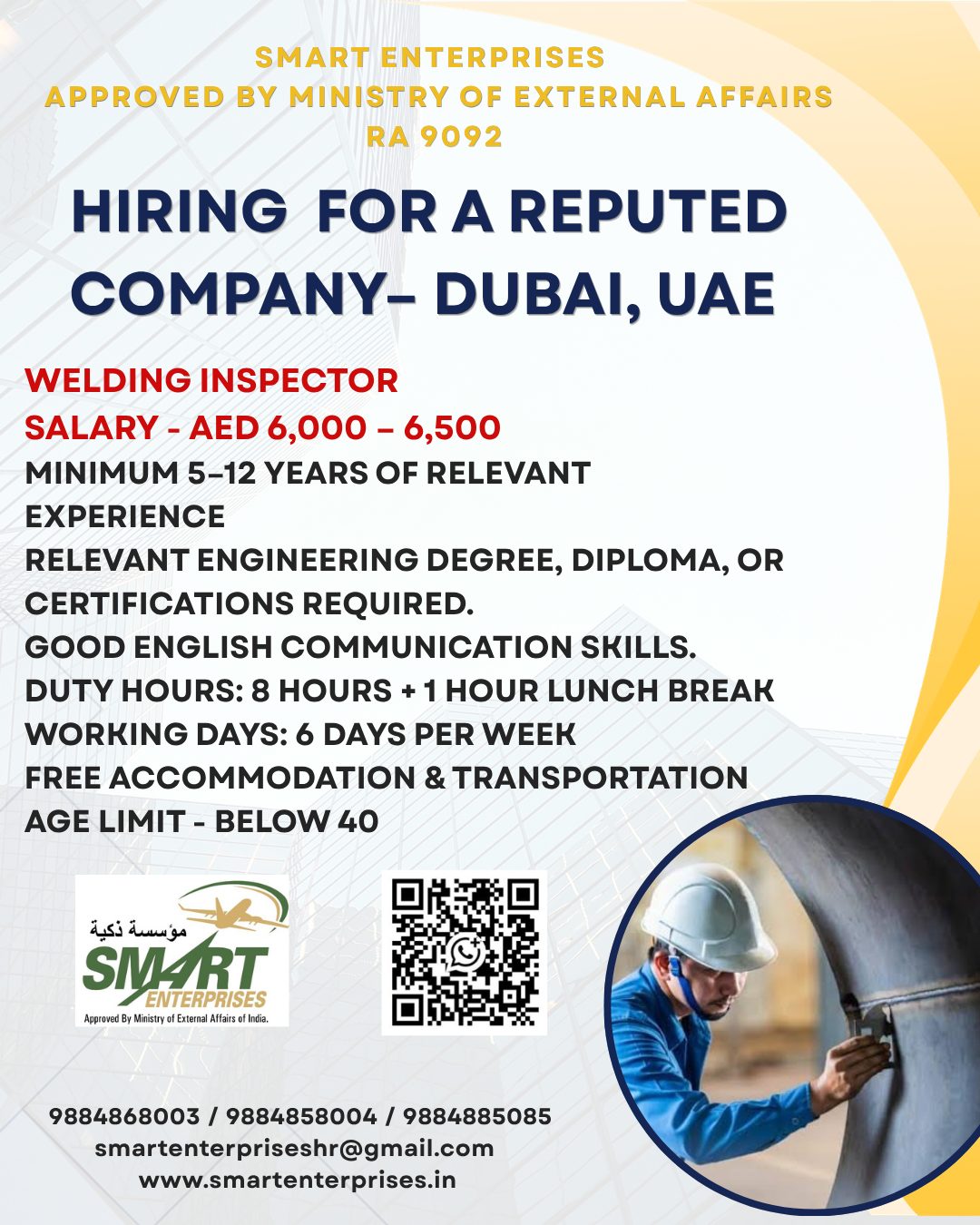 Welding Inspector Jobs in Dubai UAE – Salary AED 6,000–6,500 | Smart Enterprises