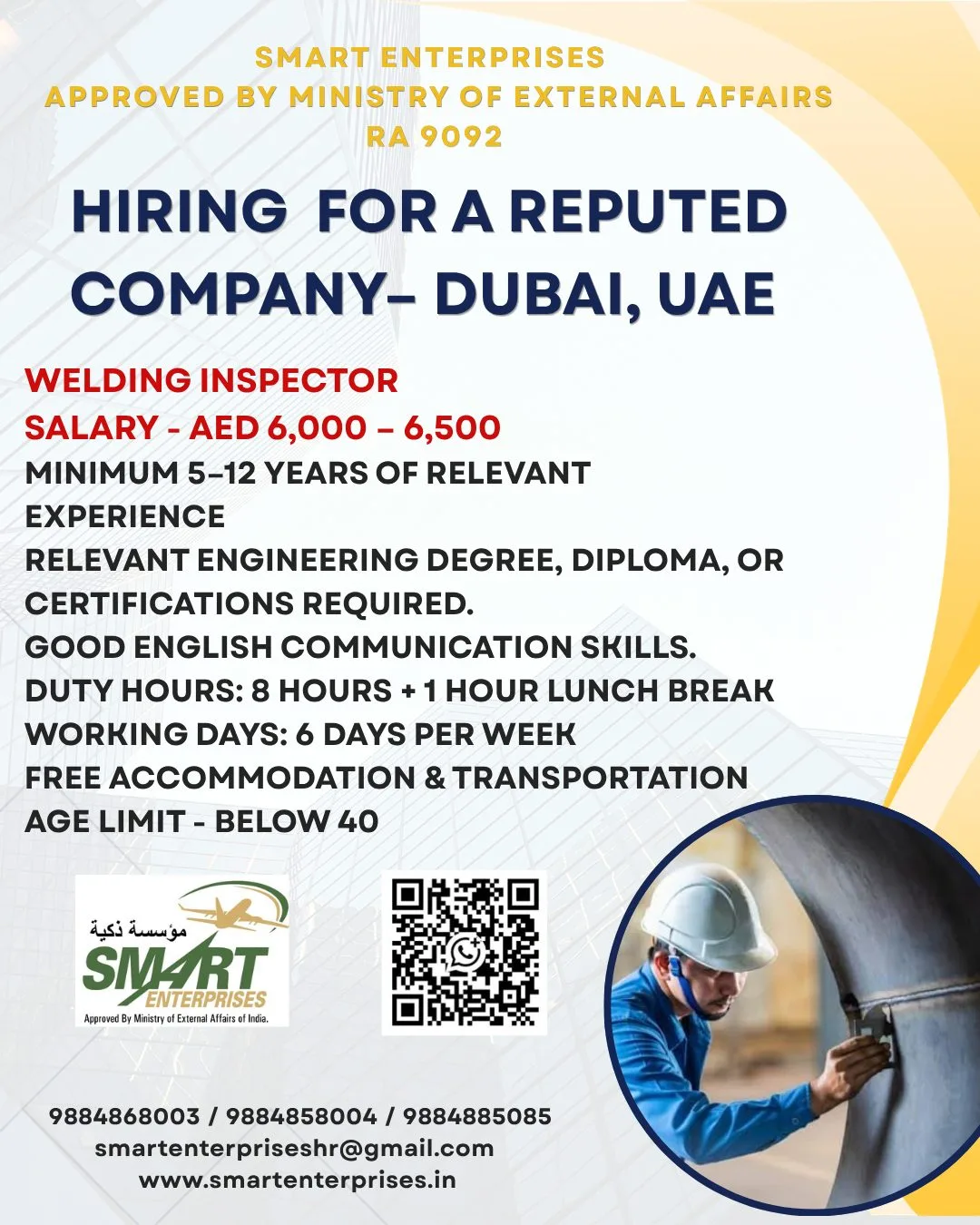 Welding Inspector Jobs in Dubai UAE – Salary AED 6,000–6,500 | Smart Enterprises