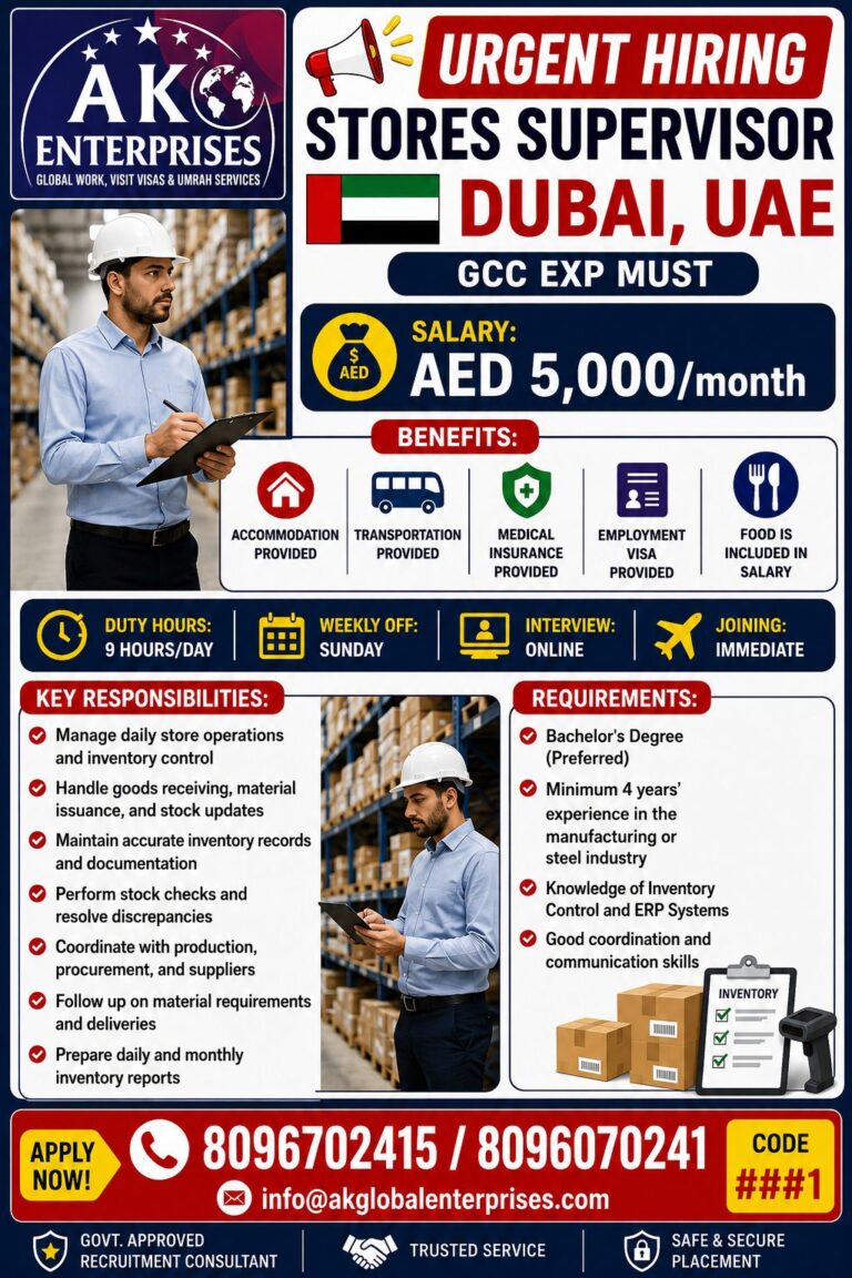 Stores Supervisor Jobs in Dubai, UAE | Salary AED 5,000 | Apply Now
