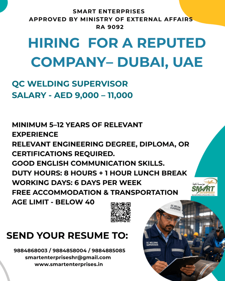 QC Welding Supervisor Jobs in Dubai, UAE 2026 | Salary AED 9,000–11,000 | Free Accommodation