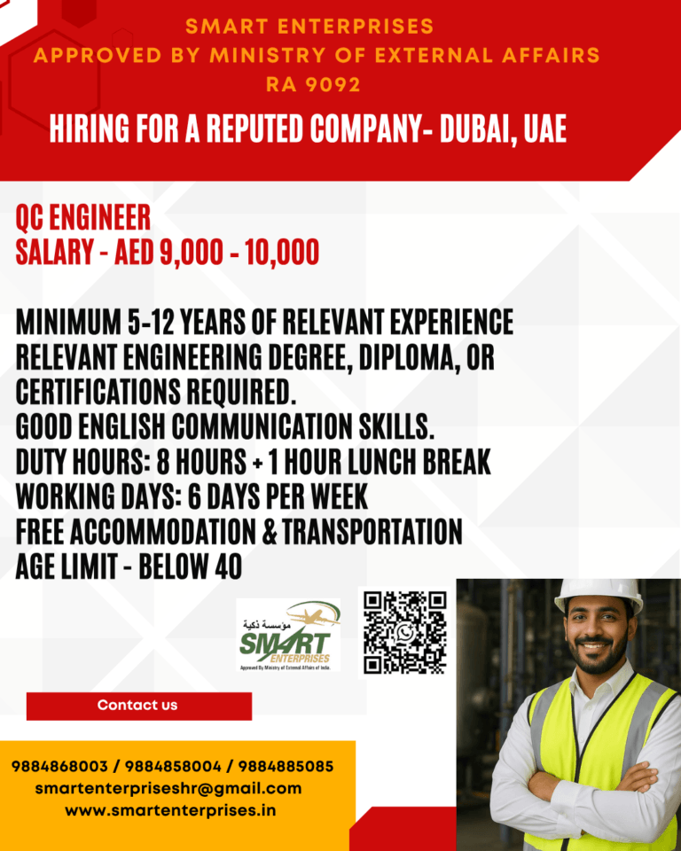 QC Engineer Jobs in Dubai, UAE – Salary AED 9,000–10,000 | Smart Enterprises
