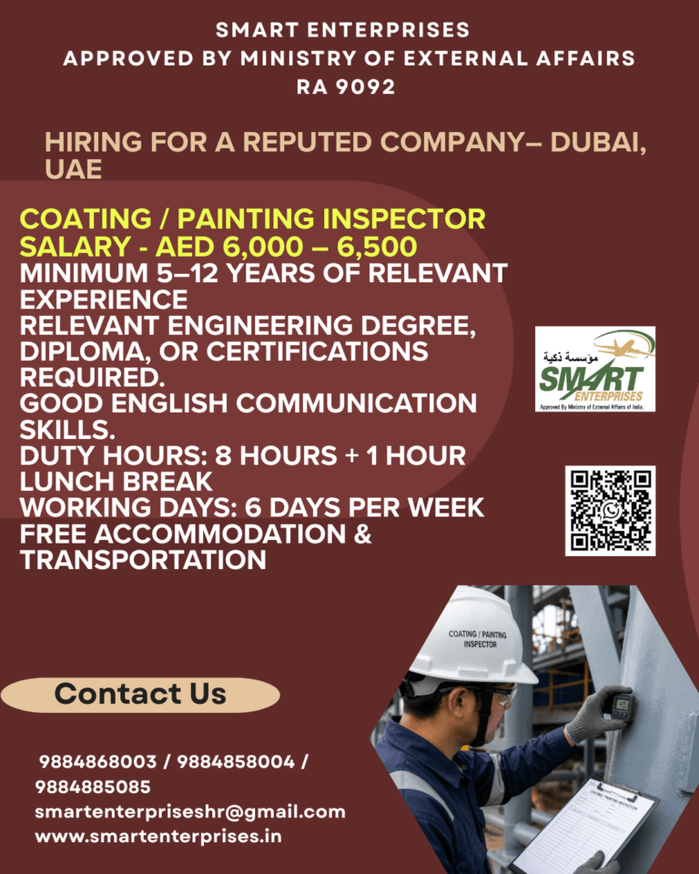 Coating / Painting Inspector Jobs in Dubai, UAE – Apply Now | Salary AED 6,000–6,500