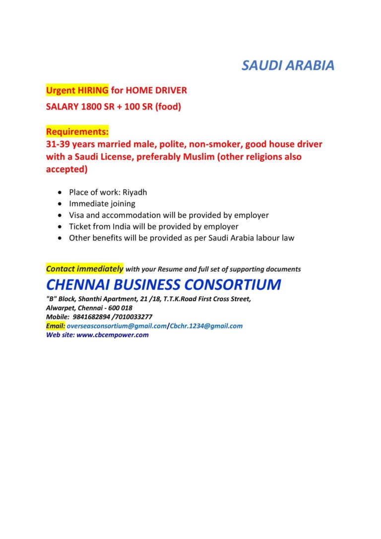 Home Driver Jobs in Saudi Arabia 2026 – Immediate Hiring in Riyadh | Salary 1800 SAR + Food Allowance