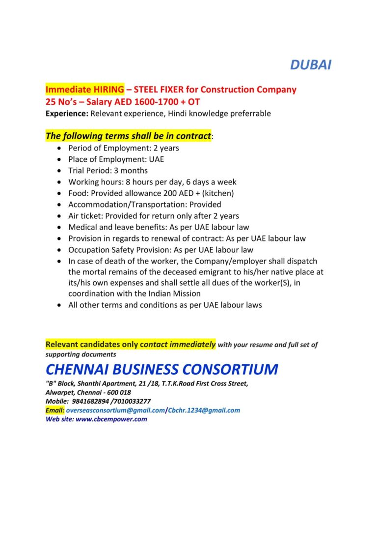 Steel Fixer Jobs in Dubai UAE – Immediate Hiring | Salary AED 1,700 + Overtime