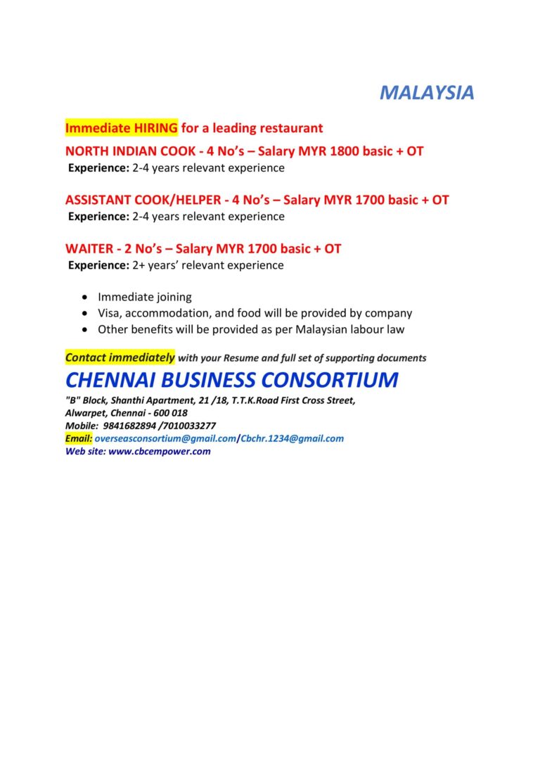 Malaysia Restaurant Jobs 2026 – North Indian Cook, Assistant Cook & Waiter Vacancies | Apply Now