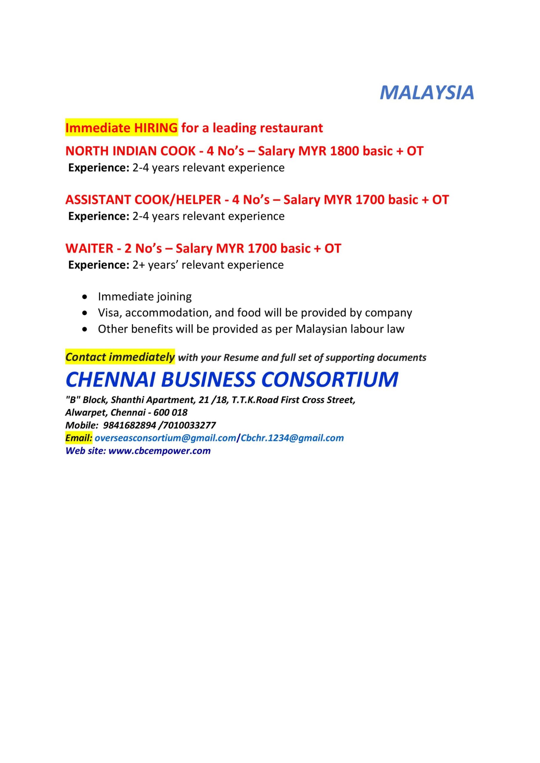 Malaysia Restaurant Jobs 2026 – North Indian Cook, Assistant Cook & Waiter Vacancies | Apply Now