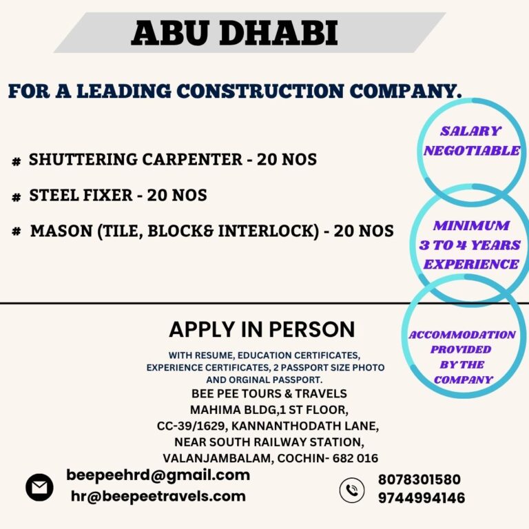Abu Dhabi Construction Company Jobs 2026 | Shuttering Carpenter, Steel Fixer & Mason Vacancies