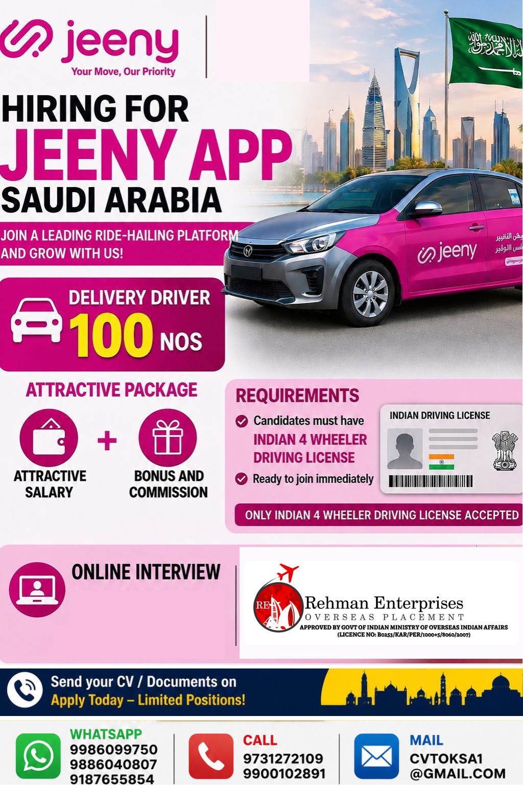Jeeny App Saudi Arabia Hiring Delivery Drivers – 100 Vacancies | Online Interview