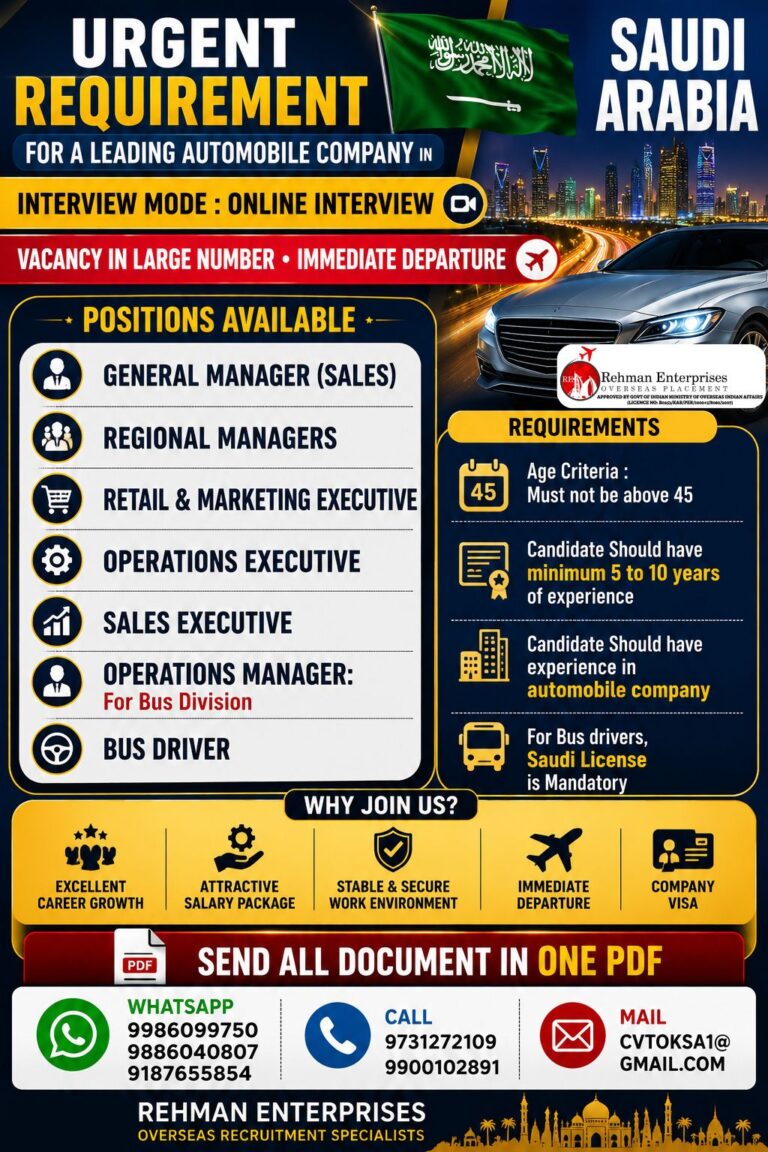 Saudi Arabia Automobile Company Jobs 2026 – Online Interview | Immediate Departure
